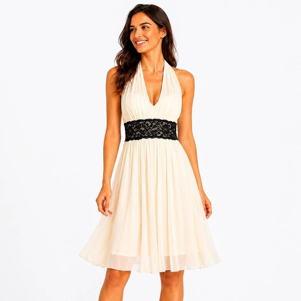 Body Central Ivory Halter Dress Black Lace Waist S